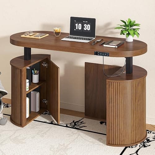 Xyulmeo Mid Century Modern Electric Standing Desk with Storage, 55 x 22 Inch Small Sit Stand Up Desk, Wood Adjustable Height Computer Executive Desk for Home Office, Laptop, Walnut - Image 1