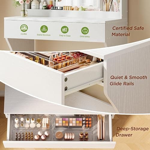 Vinabilia Small Vanity Desk with Mirror and Lights, Makeup Vanity with Storage Drawer, 2 Shelves and 3 Compartments - White thumbnail 6