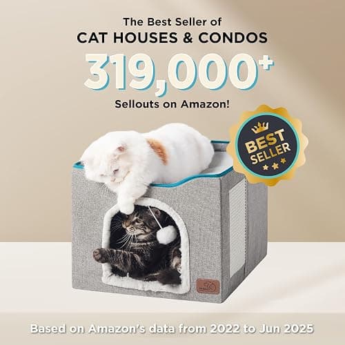 Bedsure Cat Beds for Indoor Cats - Large Cat Cave for Pet Cat House with Fluffy Ball Hanging and Scratch Pad, Foldable Cat Hideaway, 16.5x16.5x13 inches, Dark Grey thumbnail 7