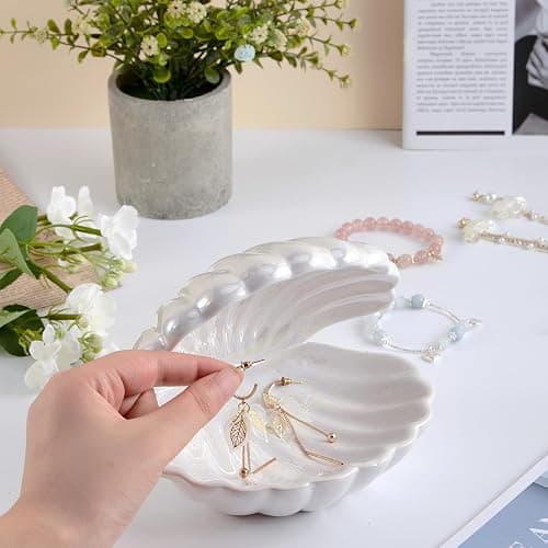 Denique Shell Jewelry Dish Tray, Ceramic Trinket Tray Clamshell Jewelry Storage Dish, Ring Holder Dish Key Bowl, Decorative Jewelry Plate, Cute Jewelry Organizer for Room Decor (White) thumbnail 5
