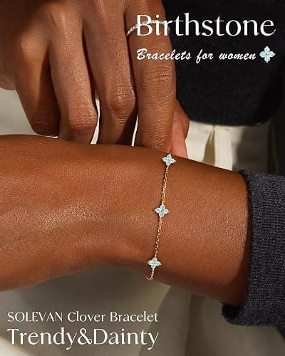 SOLEVAN Clover Birthstone Gold Bracelets for Women Trendy Non Tarnish | Dainty 14K Gold Plated Stackable Cute Charm Friendship Bracelet Stack Wedding Prom Gold Jewelry Birthday Gift for Best Friend thumbnail 2