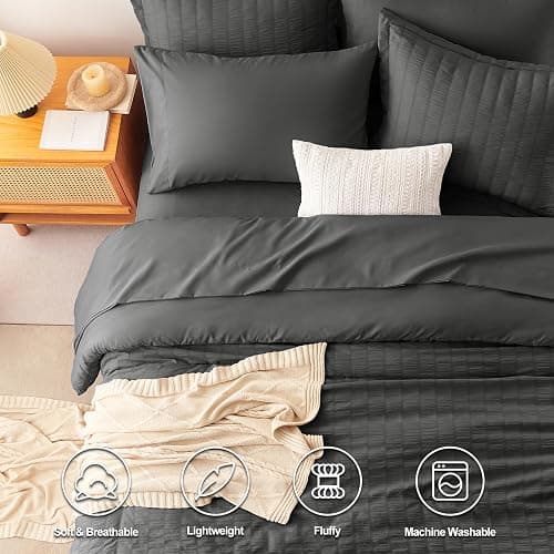 CozyLux Full Size Comforter Sets with Sheets Seersucker 7 Pieces Dark Grey Bed in a Bag Textured Luxury Soft Bedding Set with Down Alternative Comforter, Sheets, Pillowcases & Shams for All Seasons thumbnail 3