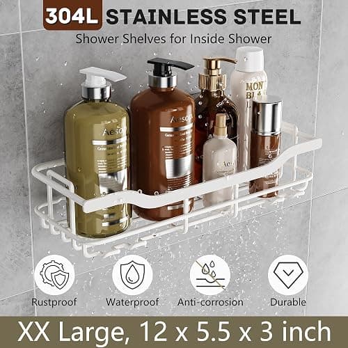 OMAIRA 3-Pack Shower Caddy with Soap Holder, Adhesive Rustproof No-drill Strudy Loading Inside Shower Organizer Shelves Rack Storage Bathroom Organization for Smooth Wall Glass Tile, White (X-Large) thumbnail 5