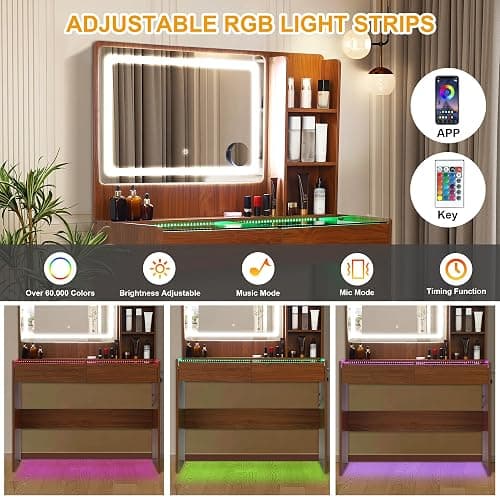 Cielozen Vanity Desk，Transparent Desktop, Multiple Color Ambient Lights, with Mirror and Tri Color Light Strip, Dressing Table with Charging Station, Equipped with 2 Drawers, Peach Colored thumbnail 4