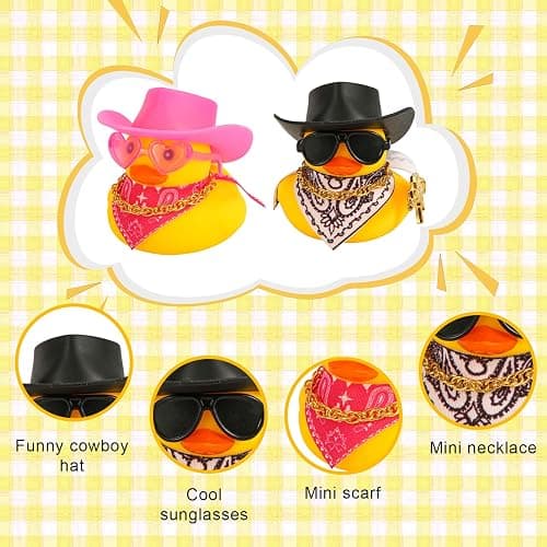 2pcs Rubber Duck Car Ornaments, Funny Rubber Ducks Car Dashboard Decorations Duck Car Accessories with Cowboy Hat Mini Scarf Necklace and Sunglasses for Car Desk Office Decor thumbnail 3