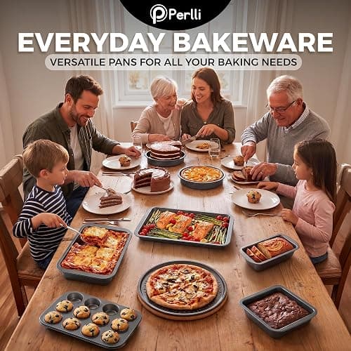 PERLLI Non-Stick 8-Piece Bakeware Set – Carbon Steel with Even Heat Distribution, Oven Safe to 446°F, BPA-Free, Dishwasher Safe, Stackable Baking Tools for Easy Storage and Everyday Cooking - Gray thumbnail 2