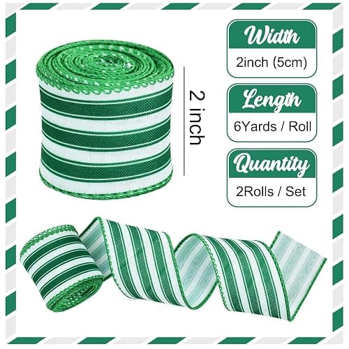TONIFUL 2 Rolls-2 Inch Green Striped Wired Ribbon, Green and White Stripe Wired Ribbon for Gift Wrapping, Indoor, Bows Making, Wedding Birthday Party Decoration (6yds/roll) thumbnail 3