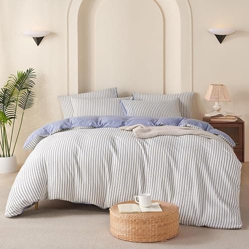 TISPLR Striped Comforter Queen Blue Soft Luxury Washed Microfiber Jacquard 3 Pieces Bedding, White Blue Vertical Ticking Stripes Pattern Comforter with 2 Pillowcases Breathable Durable Comfy thumbnail 2