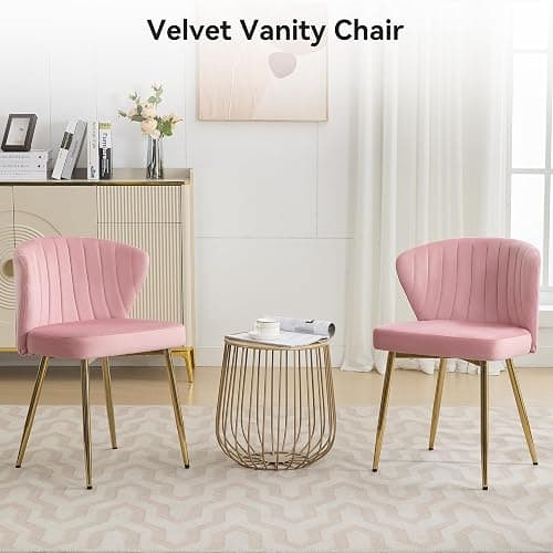 WUTUTUEE Velvet Vanity Chair, Modern Makeup Chair with Back Golden Legs, Small Cute Accent Chair for Vanity, Living Room, Bedroom, Pink thumbnail 6