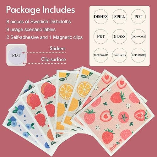 Eulnars Swedish Dishcloths for Kitchen, 8 Pack Reusable Paper Towels with Clips, Non-Scratch Swedish Dish Towels, Super Absorbent Cellulose Sponge Cloths, Eco Friendly Gifts - Colorful Berries thumbnail 6