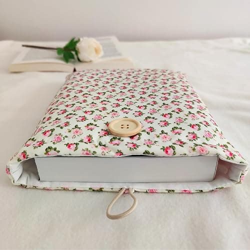 Zosiana Designs Floral Book Sleeve - Elegant Book Cover with Wooden Button, Cotton Padded Protector for Paperbacks & Hardcovers, Ideal for Book Lovers, Durable Design (White & Roses, Large) thumbnail 4