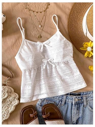 RoseSeek Girl's Boho Bowknot Hollow Out Camisole Tops Spaghetti Strap V Neck Babydoll Crop Top thumbnail 6