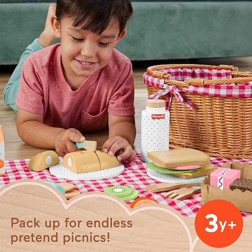 Fisher-Price Wood Pretend Play Toy Picnic Basket, 31-Piece Wooden Food Playset for Preschool Kids Ages 3+ Years thumbnail 2