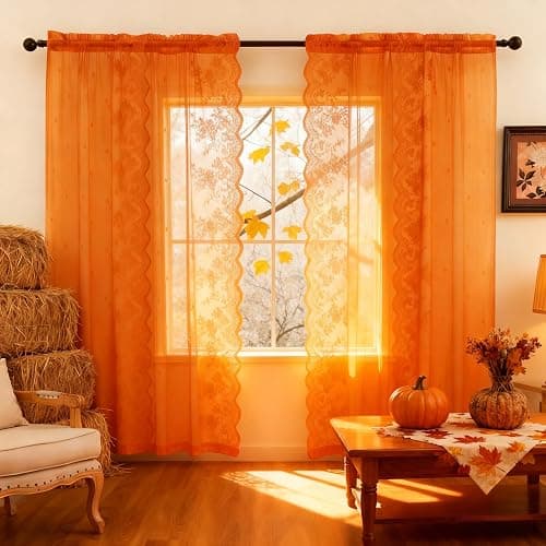 KYMRose Orange Sheer Lace Curtains 84 Inches Long, 2 Panels Country Rustic Flower Curtains for Living Room, Rod Pocket Privacy Scalloped Sheer Lace Panels, Orange 52 x 84 Inch - Image 1