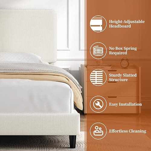 Yaheetech Queen Bed Frames with Adjustable Headboard, Chenille Fabric Upholstered Headboard/Platform Bed, Queen Size Bed Frame No Box Spring Needed/Wood Slats Support/Easy Assembly/Beige thumbnail 7