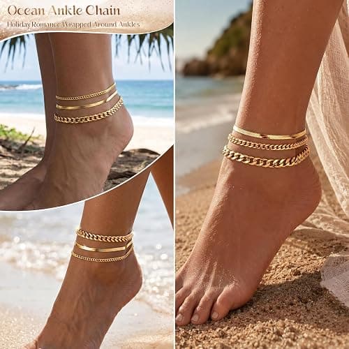 DEARMAY Gold Anklets for Women Waterproof | Non Tarnish14K Gold Plated Ankle Bracelets Set Stack, Summer Beach Jewelry Gifts for Vacation thumbnail 3