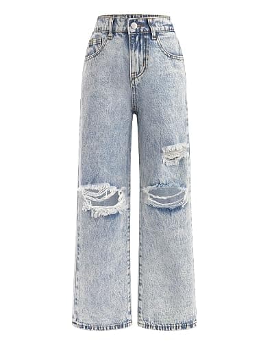 IBTOM CASTLE Girls Baggy Jeans Wide Leg Denim Pants Y2K Jean for Kids 7-12Y | Cute Bow, Star Ripped Distressed, Y2K Trendy Pant, High Waist Elastic Back, Multi-Pockets Jean for Back to School Casual Wear - Image 1