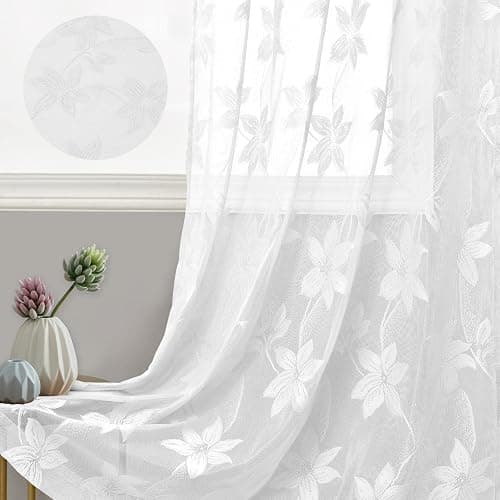 DWCN White Floral Lace Sheer Curtains - Rod Pocket Window Voile Sheer Drapes for Bedroom Kitchen Short Curtains 52 x 45 inch Length, Set of 2 Curtain Panels thumbnail 4