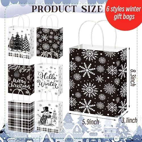Fourluoo 30 Pack Winter Paper Gift Bags with Handles Black and White Winter Snowman Tote Bags 5.9 x 3.1 x 8.3 Inch Christmas Party Favor Snow Pine Candy Gift Handbag for Xmas Party Supplies thumbnail 3