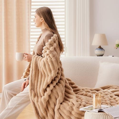 NEWCOSPLAY Super Soft Throw Blanket Brown Premium Silky Flannel Fleece 3D Ribbed Jacquard Lightweight Bed Blanket All Season Use (Brown Ribbed, Throw(50"x60")) thumbnail 5