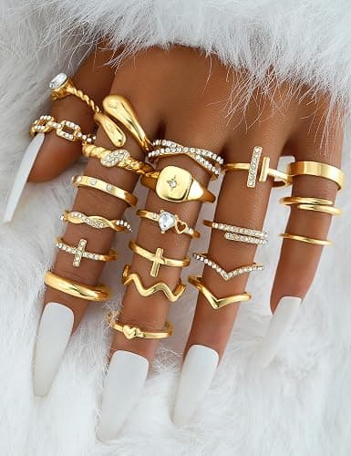 Gold Stackable Rings Set for Women, Gold Plated Chunky Crystal Finger Rings | Midi Stacking, Women's Rings, Dainty Statement Thumb Knuckle Rings Pack, Multiple Sizes Jewelry, Ideal Gift thumbnail 4