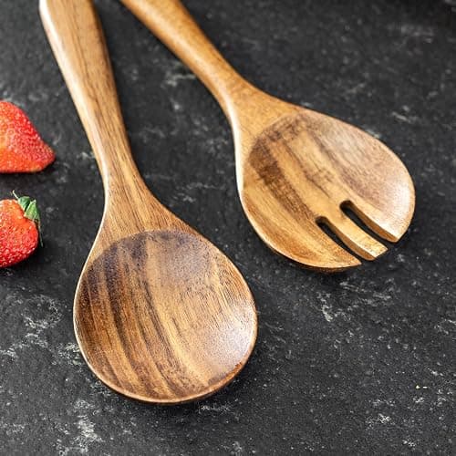 JF JAMES.F Wooden Salad Bowl, 12'' Acacia Wood Large Salad Bowl Set Big Salad Serving Bowl with Serving Utensils thumbnail 5
