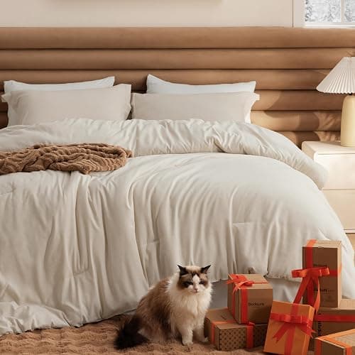 Bedsure Full Comforter Set - Beige Soft Bedding for All Seasons, Cationic Dyed Bed Set, 3 Pieces, 1 Full Size Comforter (82"x86") and 2 Pillow Shams (20"x26"+2") - Image 1