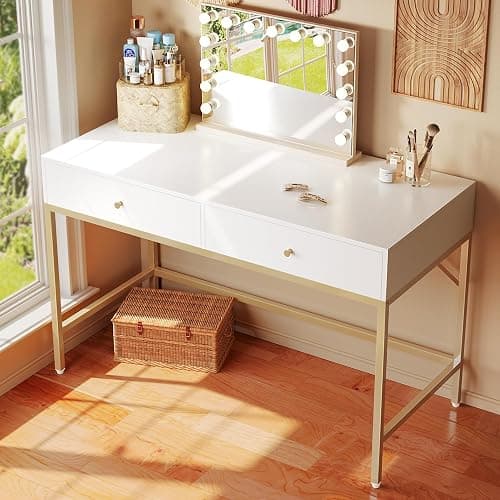 SUPERJARE Vanity Desk with Drawers, 47 inch Computer Desk, Modern Simple Home Office Desks, Makeup Dressing Table for Bedroom - White and Gold, 7997G thumbnail 2