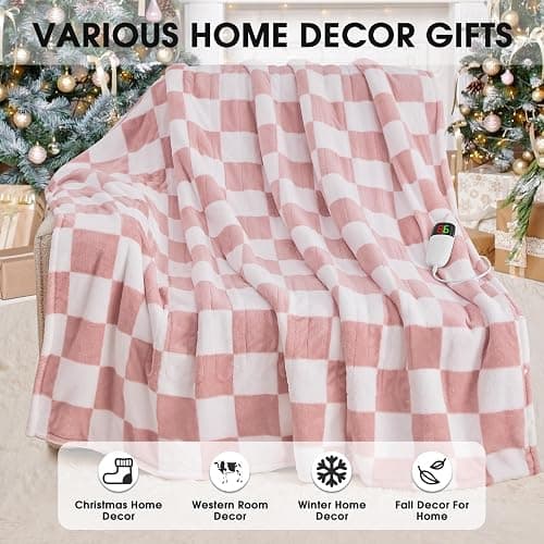 Light Pink Heated Blanket Electric Throw, 50X60 Heating Blanket with 10 Heat Levels & 8 Hours Auto Off for Lap, Checkered Plaid Soft Sherpa Blankets Warmer Gifts for Couch Grandma Women Adults thumbnail 8
