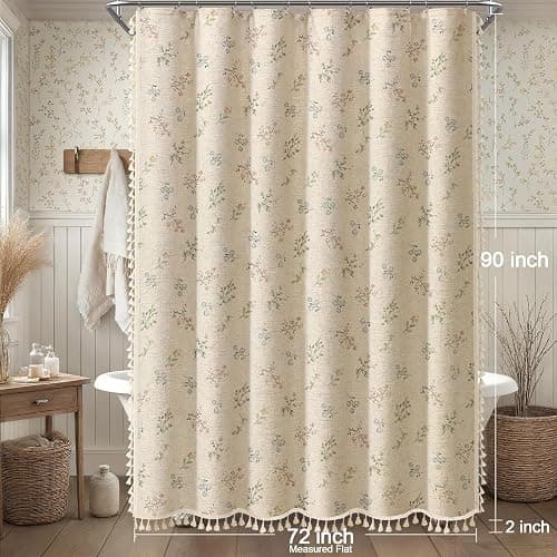 XOGUIBO Floral Vintage Linen Shower Curtain, French Country Shower Curtains for Bathroom with Tassels, 72Wx90H thumbnail 3
