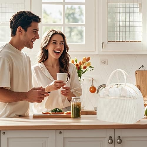 Carry bloom Lunch Box for Women, Insulated Lunch Bag Cute Corduroy Lunchbag | Reusable Lunchbox for Work (1 brown white stripes) thumbnail 2
