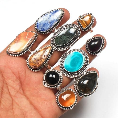 Carats Chunky Silver Rings Pack for Women - 10 Pcs - Stackable Fashion Ring Set, Silver Plated Statement Knuckle Handmade Gemstone Gothic Vintage Rings for Women thumbnail 7