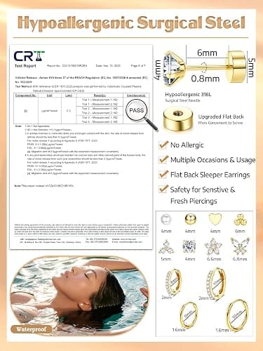 CASSIECA 12 Paar Ohrringe Gold Silber Set, 316L Chirurgenstahl Ohrringe für Damen Herren Medizinische Ohrstecker und Creolen für Mehrfachpiercing 14K Vergoldet Helix Tragus Piercing Ohr Gold Silber thumbnail 3
