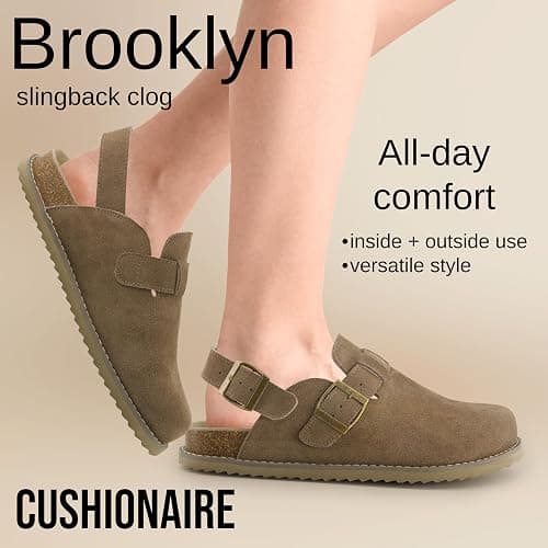 CUSHIONAIRE Brooklyn Suede Womens Slides– Comfortable Clog Mules with Adjustable Buckles – Summer Shoes for Women thumbnail 3