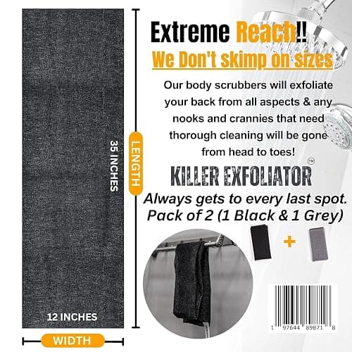 Extra Rough Exfoliating Washcloth-Extreme Body & Back Scrubber for Shower, Extra Long, Hygienic Rough Exfoliator, Men & Women, 2 Count Pack, Black & Grey, Killer Exfoliator thumbnail 6