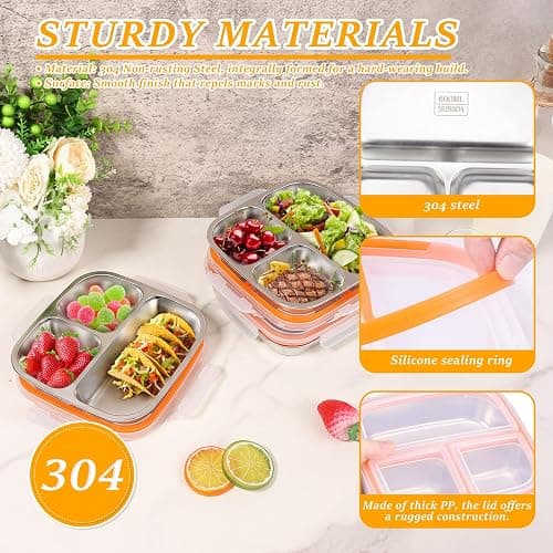 3 Stück Snackbox,Edelstahl Snack-Behälter mit 3 Fächern und Kunststoff-Deckel,17,5×17,5×5 cm,Stapelbar Lebensmittel Lagerung Brotzeit Behälter,Tragbare Snack-Platten für Schule,Arbeit und Reise thumbnail 3