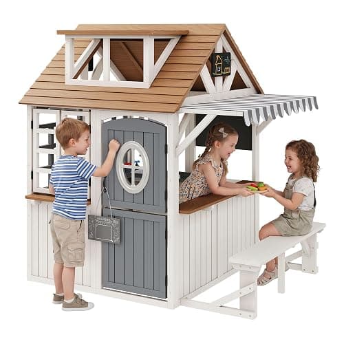 Albott Outdoor Wooden Playhouse with Kitchen Playset, Backyard Cottage Playhouse for Kids with Bench, Awning, Chalkboard, Pet Door and Dutch Door, Pretend Play House for Boys and Girls Ages 3-8 - Image 1