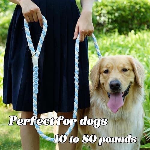 Handmade 5ft Braided Cotton Dog Leash with Unique Floral Handle, Durable and Stylish, Ideal for Small to Large Dogs,Blue & White Color thumbnail 2
