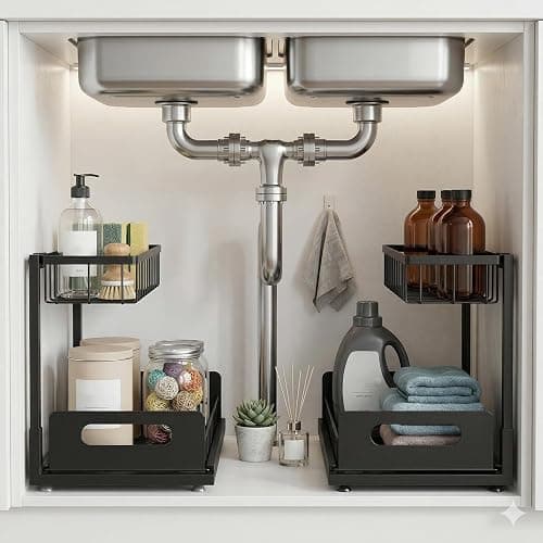 MERATIA Under Sink Organizer 2 Tier, Pull Out Drawer Slides Under Sink Storage for Bathroom Kitchen,Multi-Purpose Drawer Under Cabinet Organizer for Cleaning Supplies (Black, 2 Pack) - Image 1
