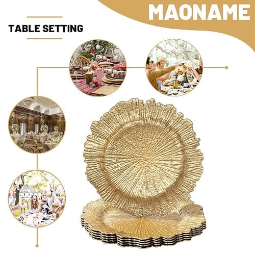 MAONAME Round 13" Gold Charger Plates, Set of 6, Reef Plate Chargers for Dinner Plates, Plastic Table Chargers for Wedding, Thanksgiving, Christmas thumbnail 7