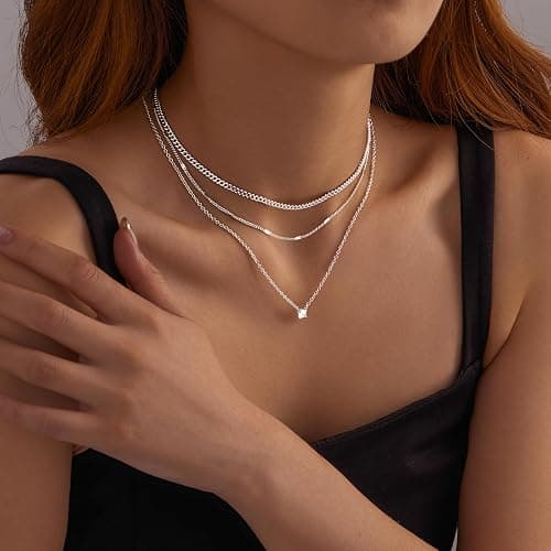 WomenGifts Layered Gold Necklaces for Women, 14K Gold Sterling Silver Plated Dainty Pendant Necklace Set with Cubic Zirconia Circle, Chunky Stackable Cuban Chain Choker, Trendy Waterproof Jewelry Gift thumbnail 4