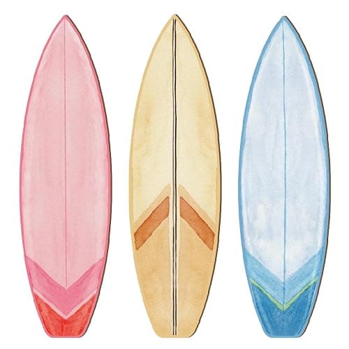 RattanView 3 Pieces Surfboard Decor for Bedroom Wooden Beach Wall Decor Summer Wood Surfboard Wall Hanging Sign for Tropical Living Room Decoration(Watercolor, Yellow, Blue, Pink) - Image 1
