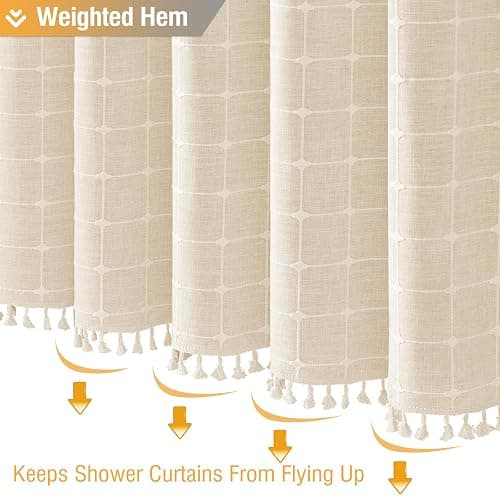 BTTN 54x78 Boho Farmhouse Linen Heavy Duty Shower Curtain Set, Cream/Beige | Narrow Long Size, 330GSM Linen Blend, 3-side Tassels, Waterproof Fabric, 10 Plastic Hooks, Rustic Bohemian, Machine Washable thumbnail 6