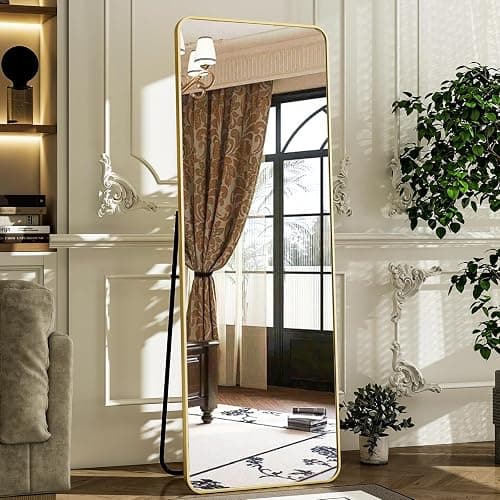 HARRITPURE 56" x 21“ Full Length Mirror - Rounded Corner Floor Mirror with Stand, Gold Aluminum Frame Full Body Mirror, Hanging/Leaning/Standing Mirror for Bedroom, Cloakroom - Image 1