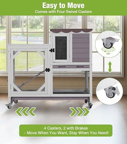 GUTINNEEN Duplex Rabbit Hutch Indoor with Chew-Proof Frame & 2 Leak-Proof Sliding Trays, Rain Cover, Wooden Guinea Pig Cages with Wheels - Grey thumbnail 3