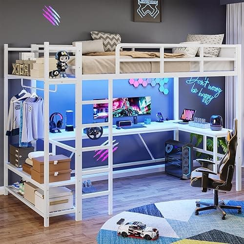 Itaar Twin Loft Bed with L-Shaped Desk, LED Lights and Charging Sation, Loft Bed Twin Size with 3-Tier Storage Shelves and Clothes Rail, Safety Guard & Ladder, No Box Spring Needed, White - White thumbnail 3