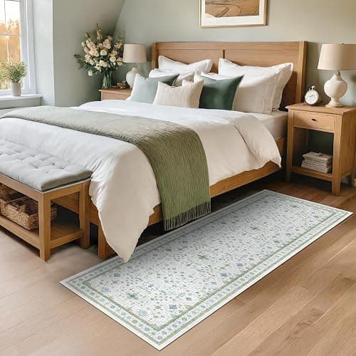 Hazo Haus Washable Oushak Bathroom Runner Rug 2x5 - Eclectic Boho Floral Pastel, Non Slip Low Pile Stain Resistant Small Throw Rug for Bedroom, Laundry Room, Powder Room, Cream Green thumbnail 6