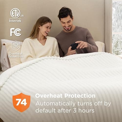 Bedsure Electric Blanket Queen Size - Thick Striped Flannel Electric Blanket with Dual Control, Heating with 10 Heat Settings & 10 Time Settings, 8 hrs Timer Auto Shut Off (84x90 inches, White) thumbnail 5
