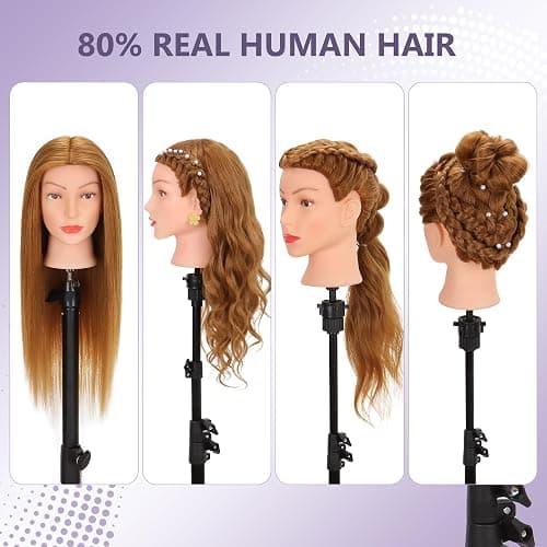 Mannequin Head Human Hair 80% Real Hair Cosmetology Mannequin Head for Braiding Styling Cutting 26-28” Doll Head with Clamp Tools (Blonde) thumbnail 4