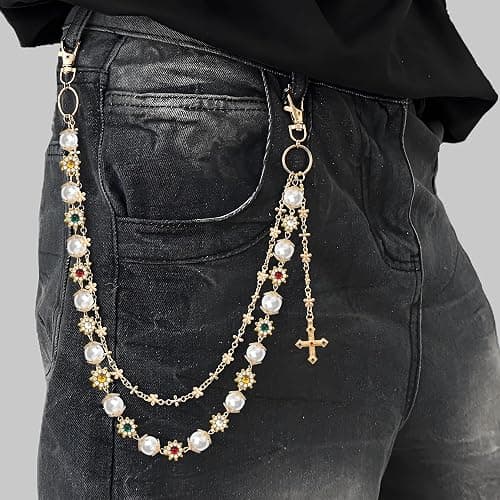 UDPP Punk Wallet Chain with Rhinestone Flower & Pearl, Layered Pants Chains Key Chain Pocket Chains Gifts for Women Men thumbnail 2